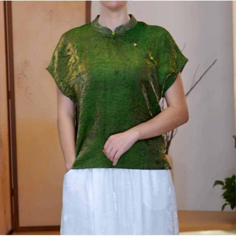 【翠嫣】夏季2025新款上衣小衫新中式女装国风立领提花气质无袖衬衫