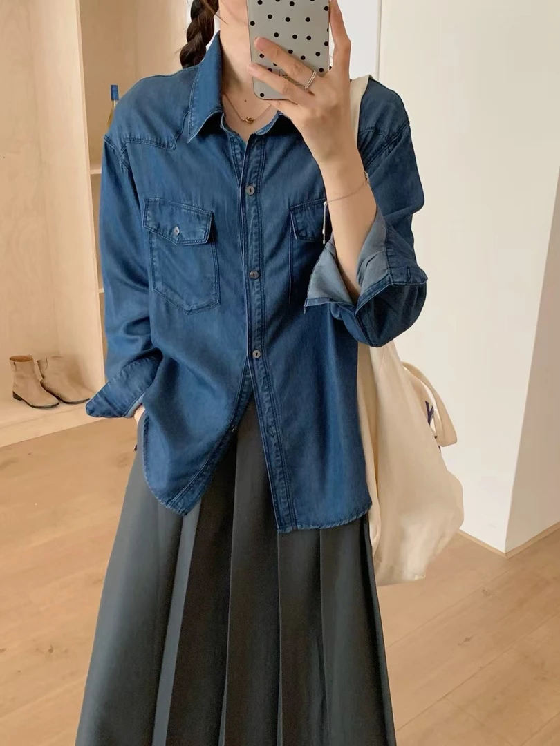 春季新款复古港风水洗做旧牛仔衬衫外套女宽松休闲百搭上衣天丝