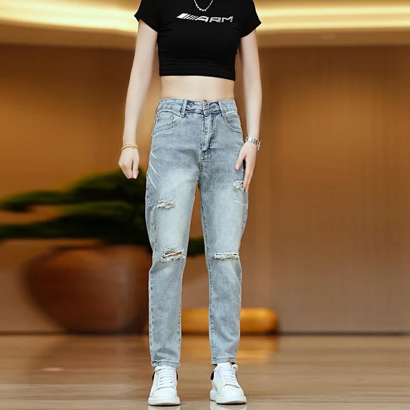 2025微弹力破洞修身小脚九分裤夏季男立体剪裁拉链牛仔裤潮流休闲