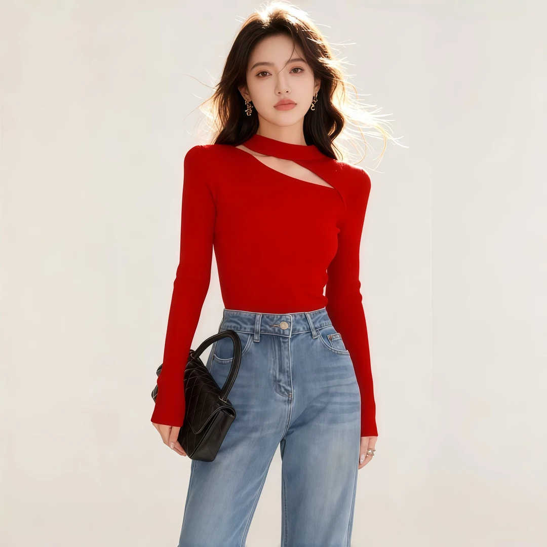 莫代尔秋冬打底衫女内搭2025新款修身显瘦红色中领设计感挂脖上衣