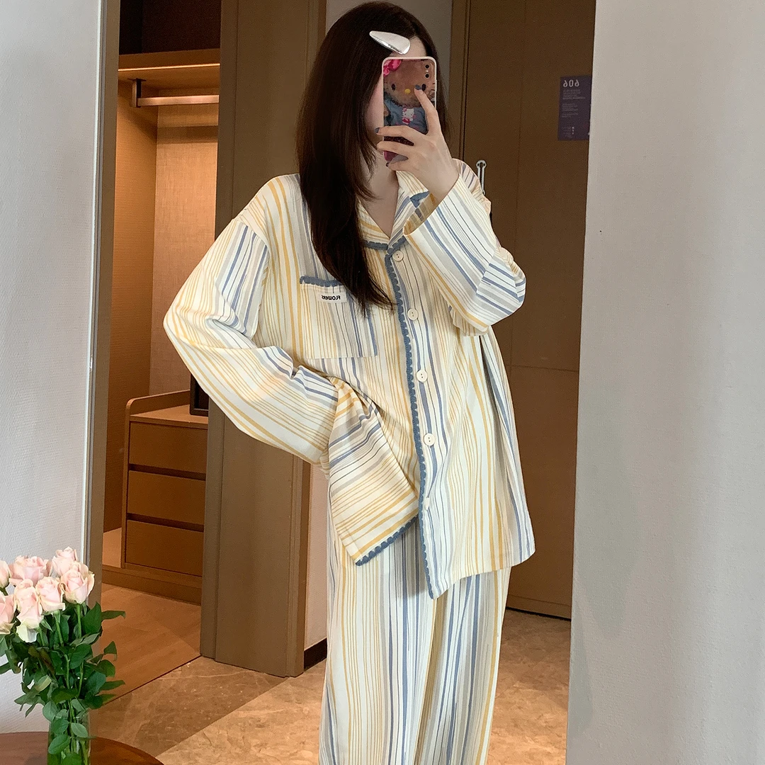 韩系ins条纹睡衣女2025新款纯棉开衫长袖长裤学生休闲可外穿套装