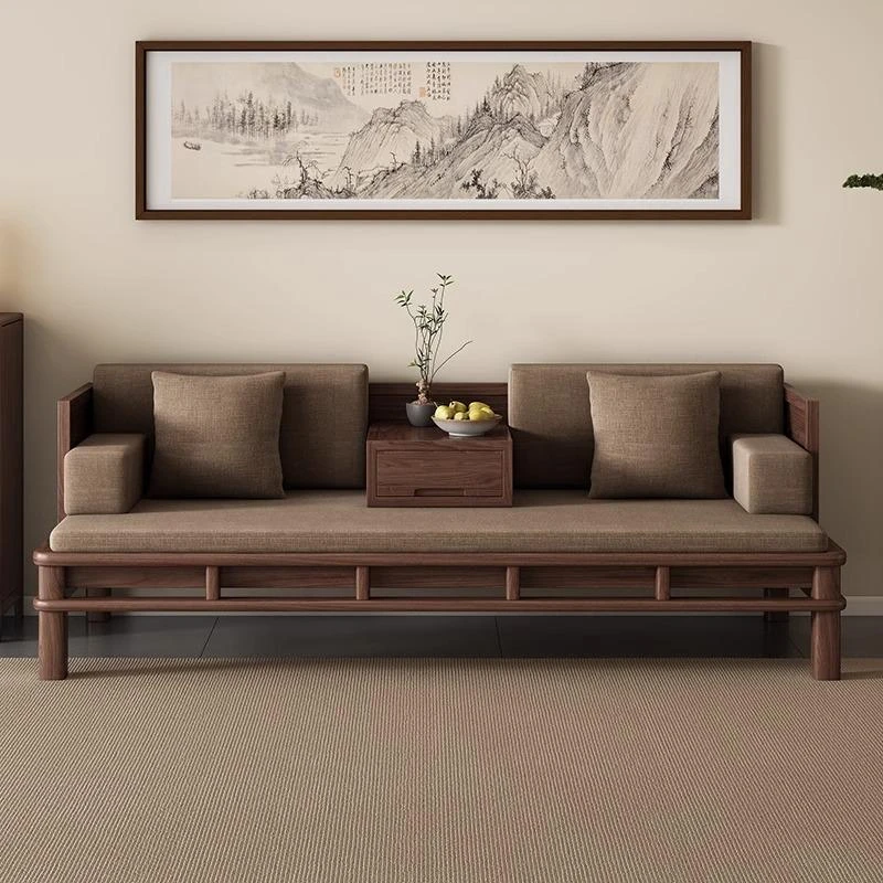 杪轩杪轩新中式北美黑胡桃木罗汉床推拉床榻客厅简约伸缩两用沙发