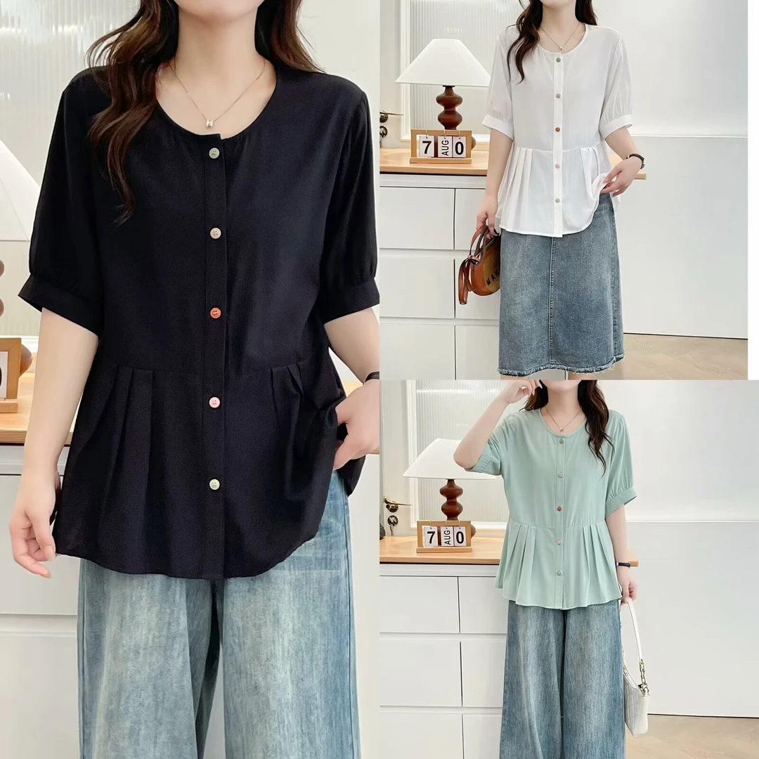 大码女装夏季新款时尚休闲宽松显瘦气质舒适圆领彩扣短袖T恤2550