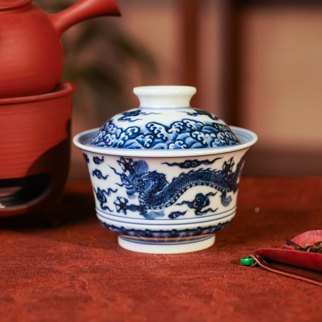 刘建锋窑 仿明双龙海水马蹄盖碗喝茶品茗饮茶主人杯手工 LJF1304