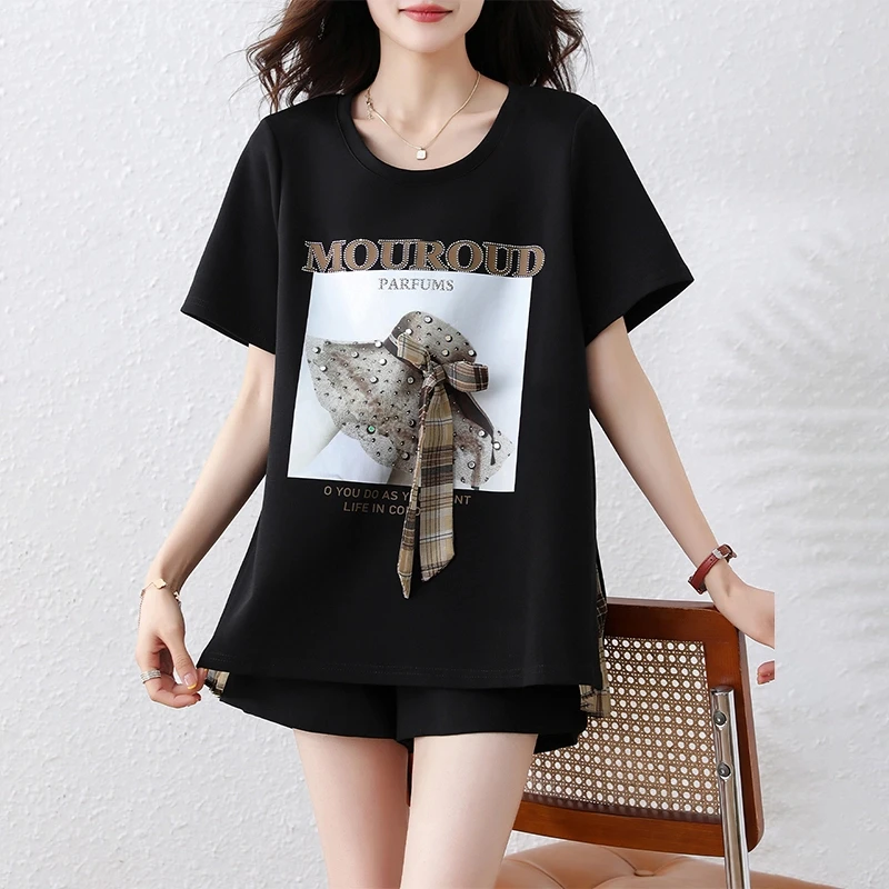 2025新款夏季时尚设计感短袖T恤女拼接宽松休闲通勤百搭气质上衣