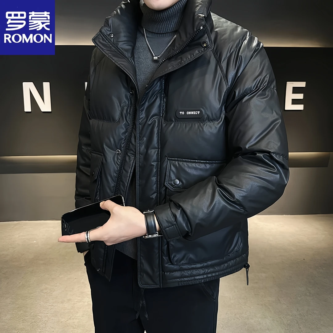 Romon/罗蒙PU皮羽绒服男士冬季新款潮牌青年短款纯色字母立领外套
