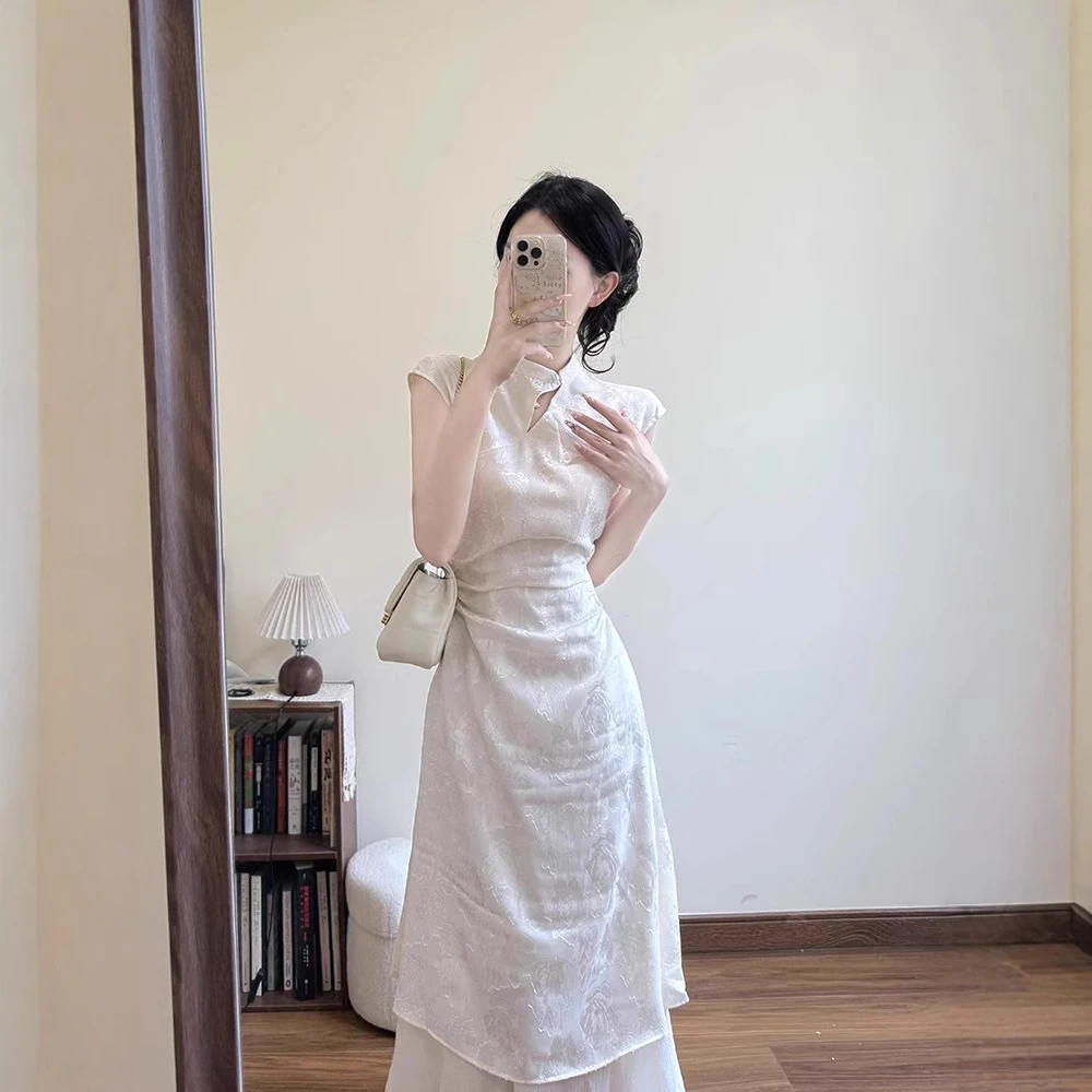 1改良新中式镂空气质连衣裙女夏季2025新款收腰A字显瘦国风长裙子