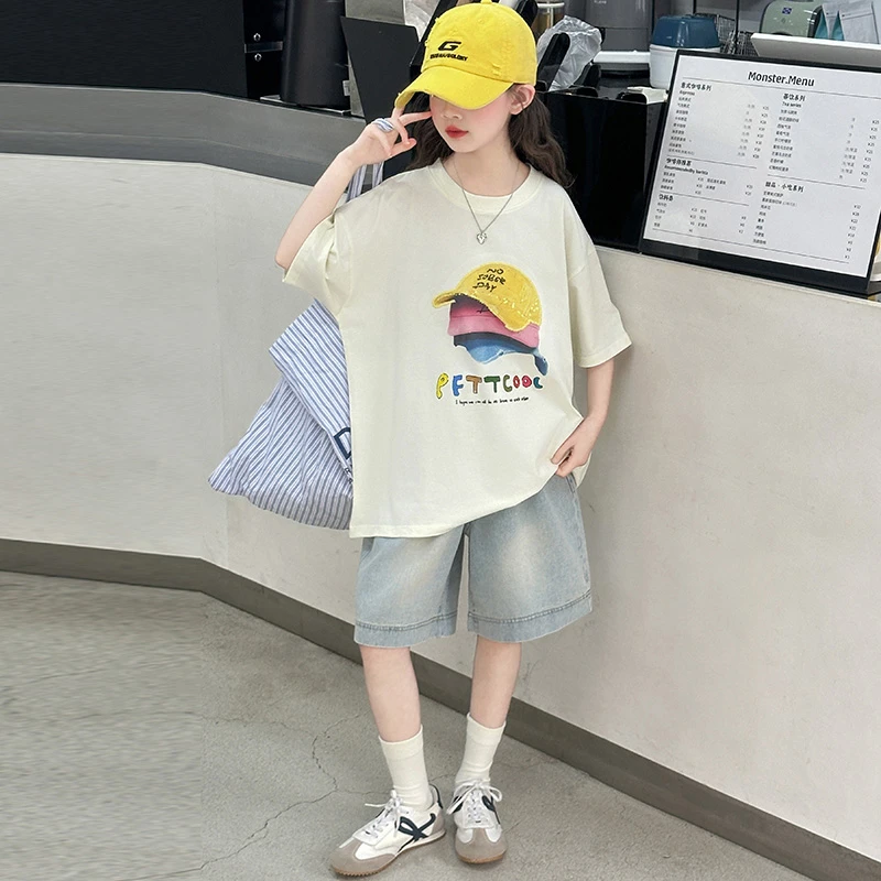 女童夏季套装2025新款6-12岁15中大童洋气短袖T恤牛仔中裤两件套