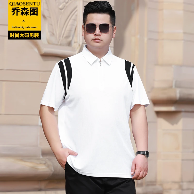 夏季亚麻胖子短袖T恤加肥加大码翻领polo衫肥佬男装桑蚕丝体恤衫