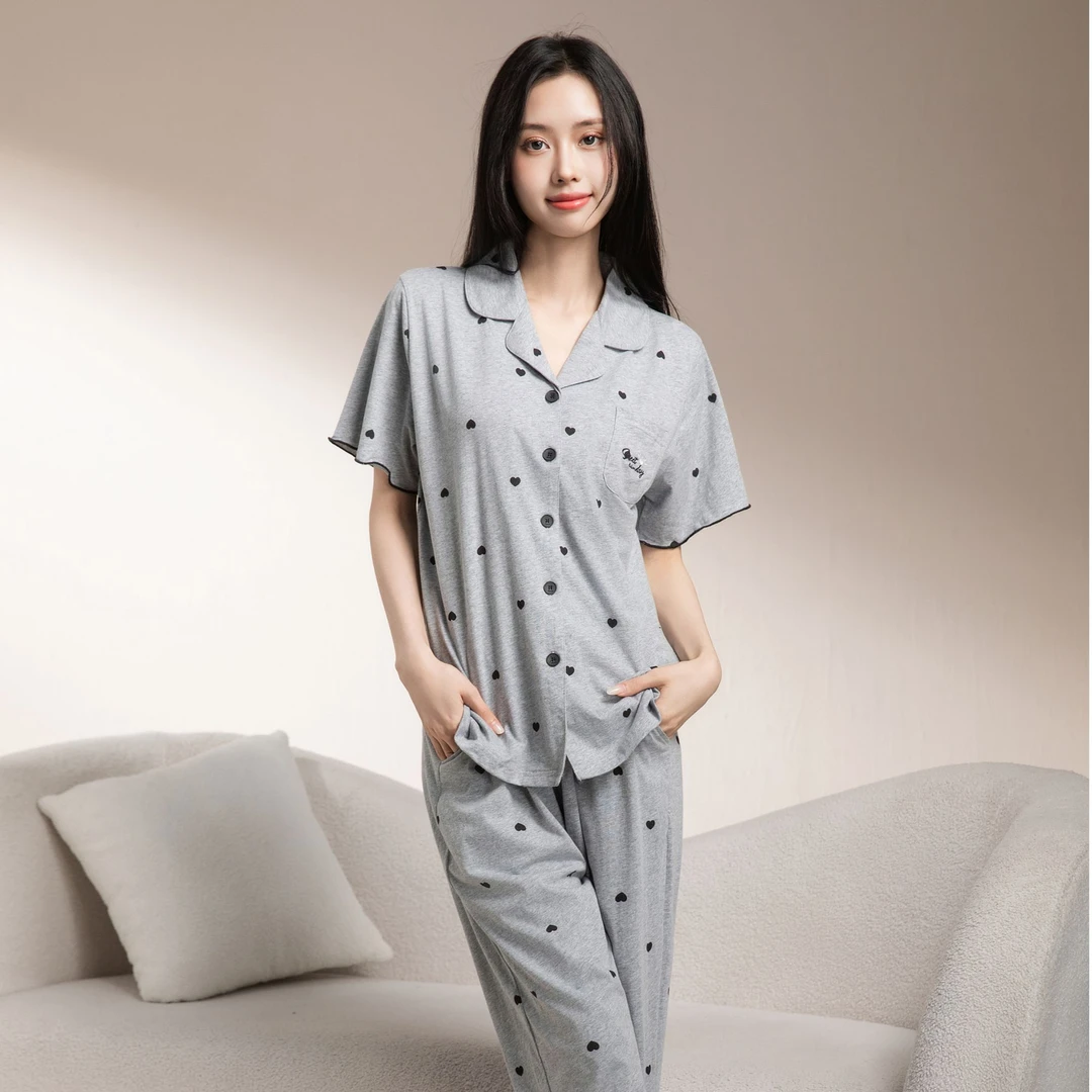 姬玛夏款睡衣女套装纯棉短袖长裤舒适透气翻领家居服套装252520