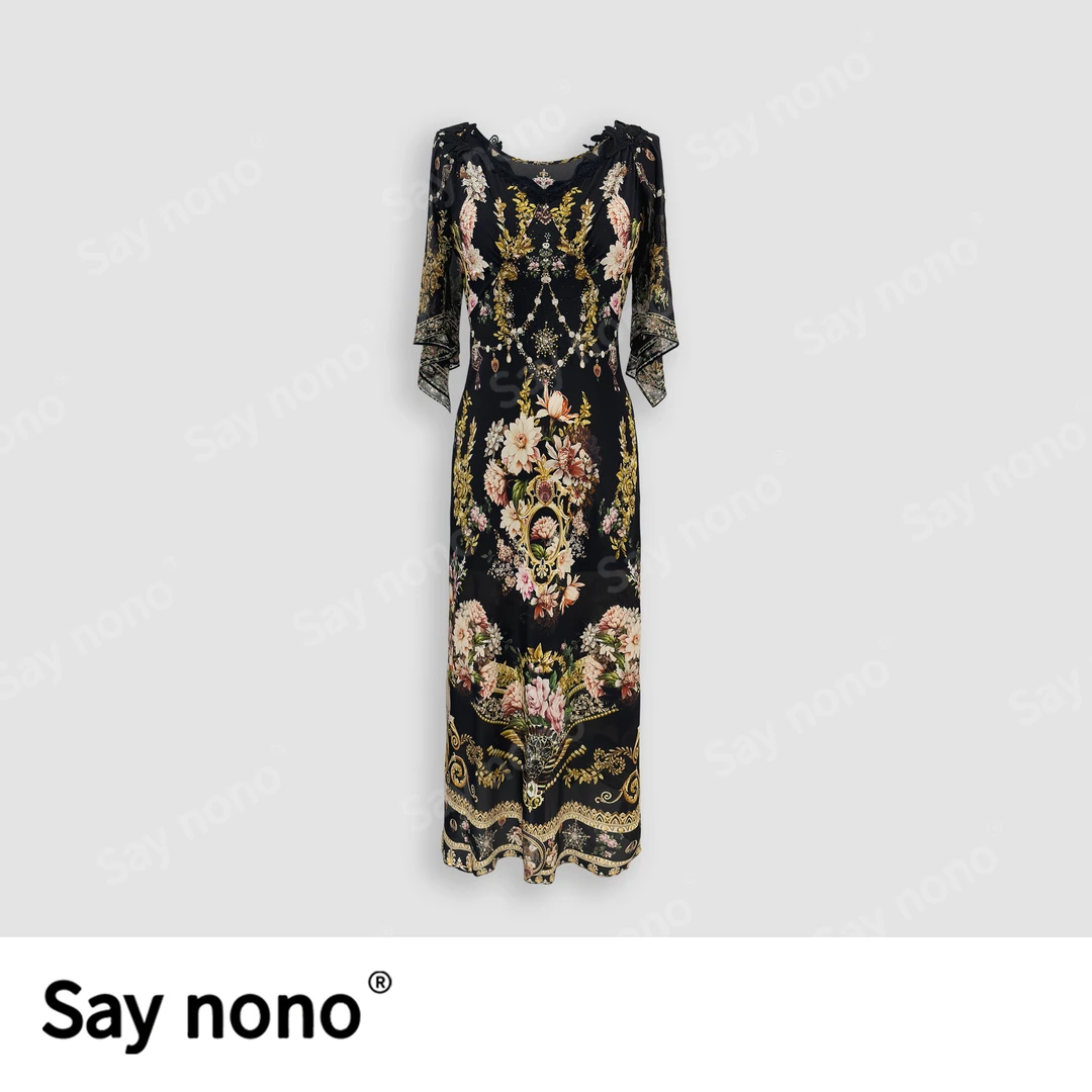 懒猫nono│Saynono 法式复古印花V领赫本风性感显瘦连衣裙 H06810X