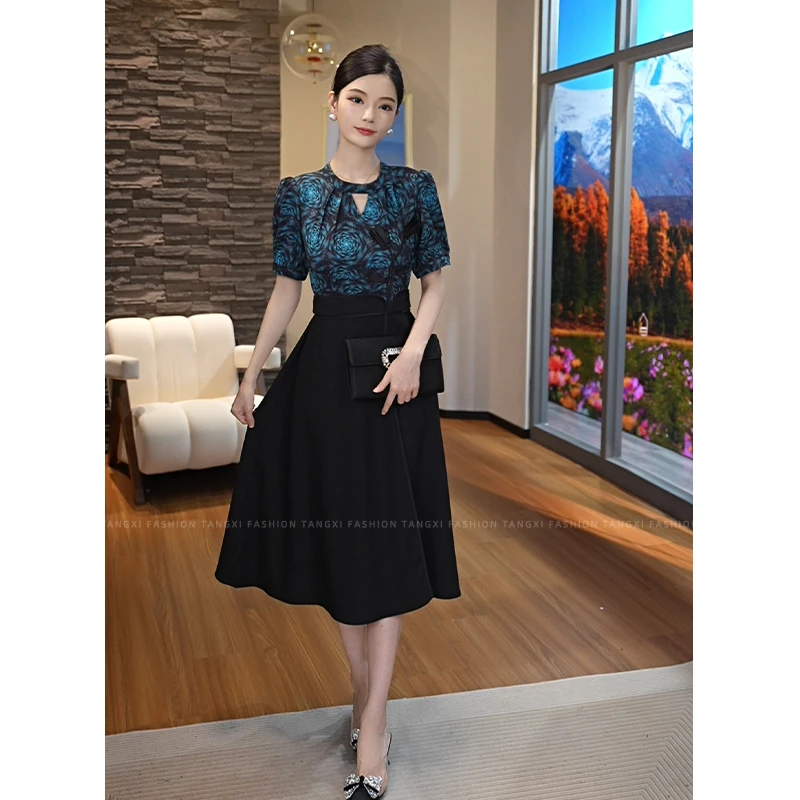 2025夏季新款【DD-X2585】高定轻奢设计款印花拼接假两件黑色连衣裙