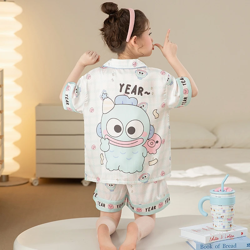 bejirog/北极绒时尚短袖翻领女童冰雪丝夏季新款睡衣大童外穿套装