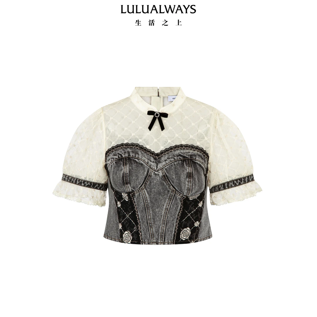 LULUALWAYS【商场同款】25夏季新款法式甜酷复古风牛仔拼接上衣女