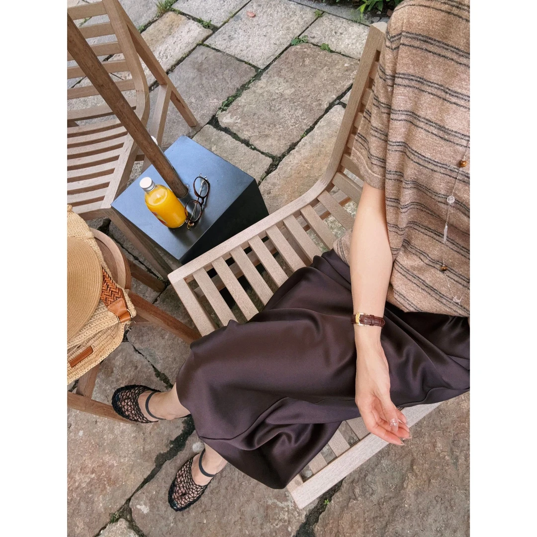 【Rumi时装】“冰咖棕”25夏百搭宽松轻薄撞色条纹亚麻T恤上衣6951sy