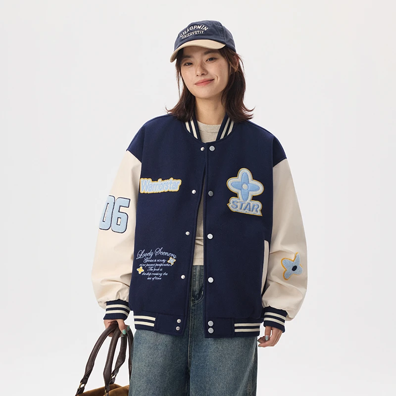 MTVO迈特优毛巾绣字母花朵刺绣棒球服外套男2025秋季情侣撞色夹克