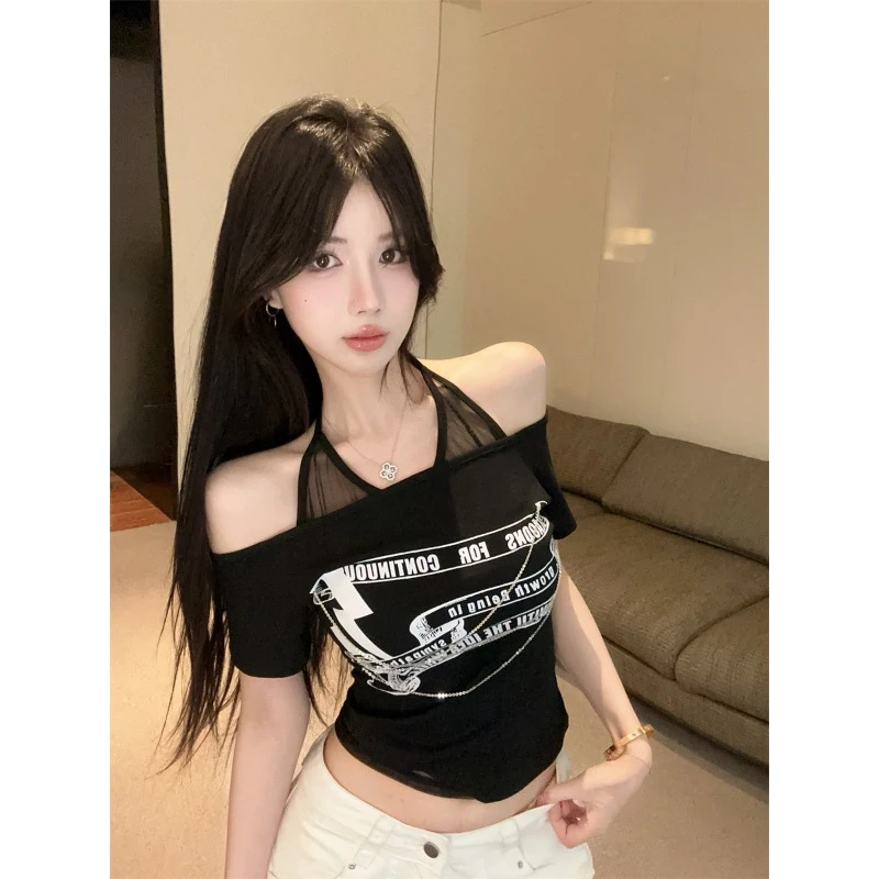 假两件挂脖网纱短袖t恤女夏季美式辣妹性感一字肩小上衣独特绝美