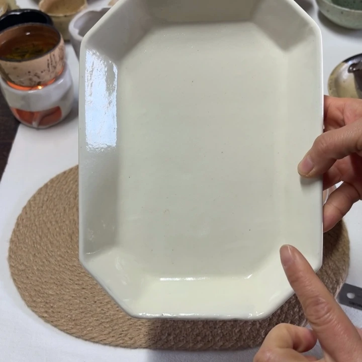 陶钟友健粉引乳白长方盘