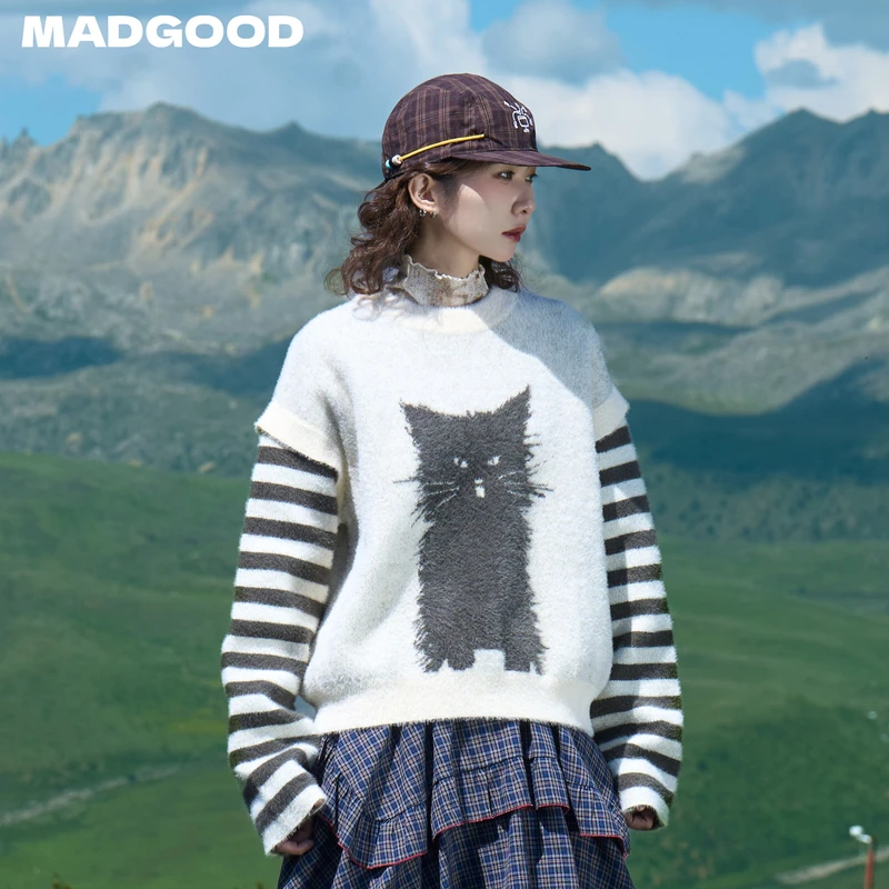 madgood马得工地日系百搭假两件条纹袖子动物提花毛衣MDGDMY13787