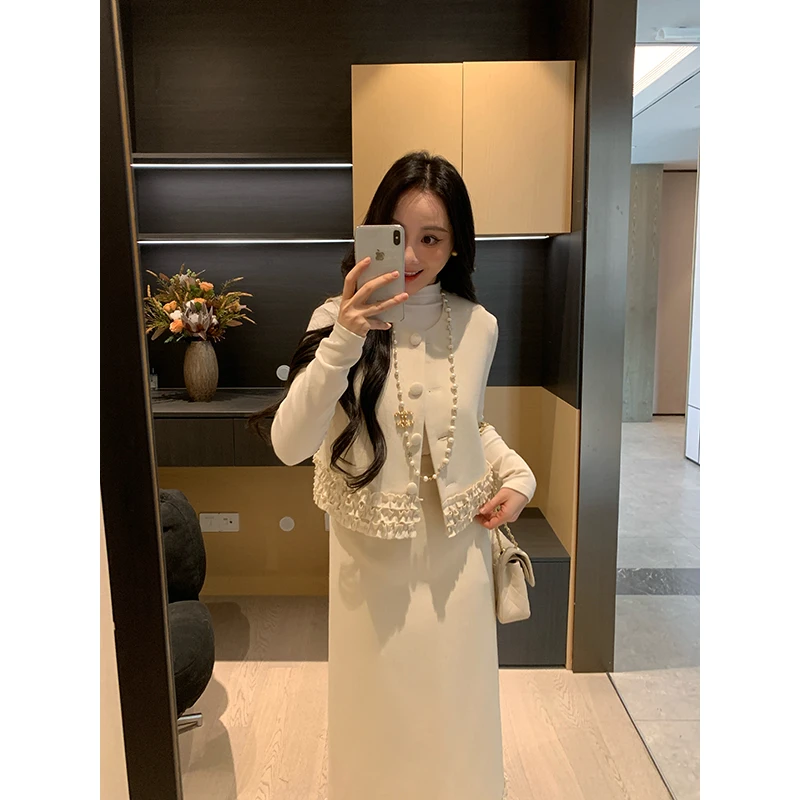 XINYI【雾都恋人】冬季花边毛呢背心+高腰半裙显瘦套装X625A21063