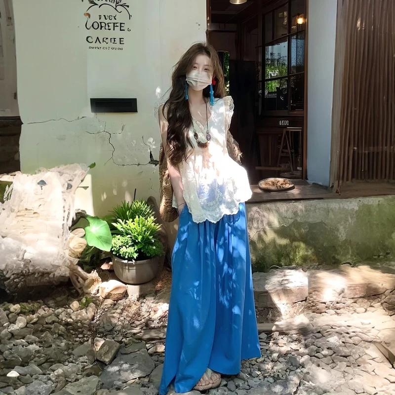 夏季田园纯欲慵懒风女装个性穿搭领蕾丝上衣+阔脚休闲裤时尚套装