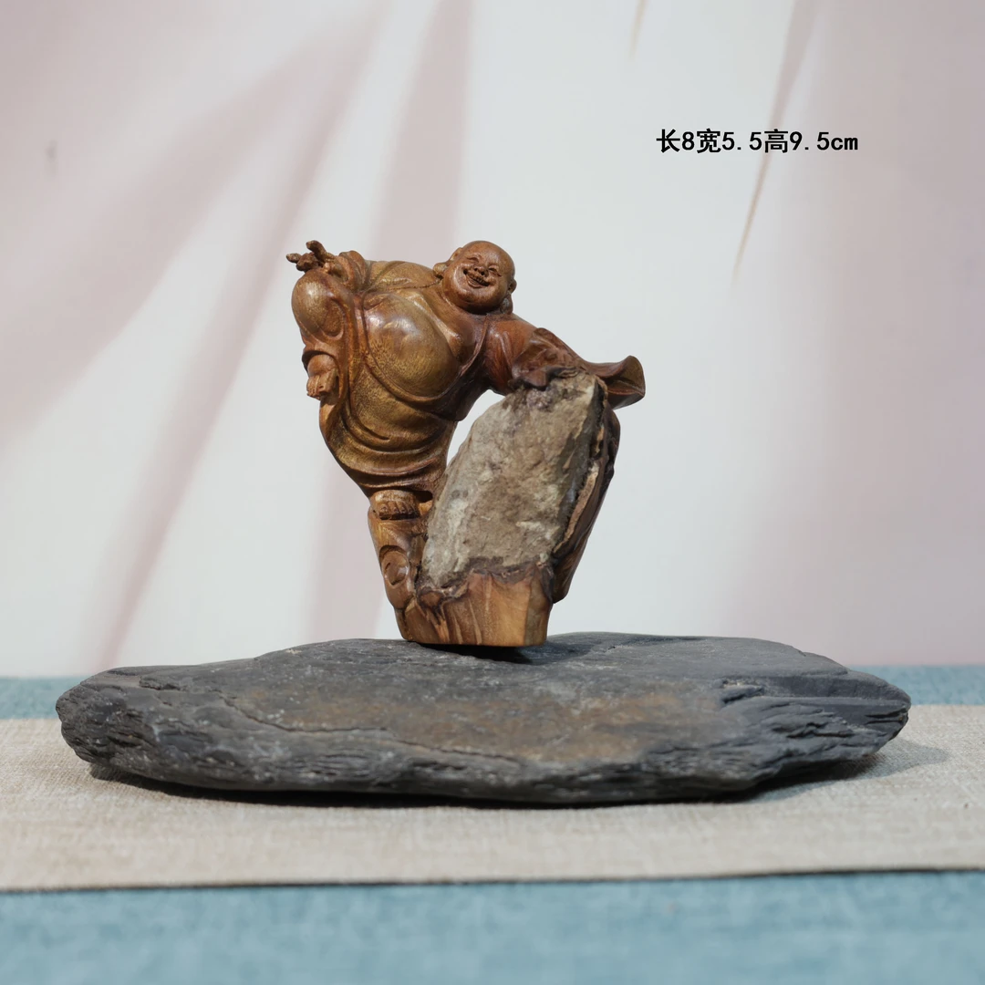 金丝楠木手工雕刻抱石弥勒佛家居办公室摆件