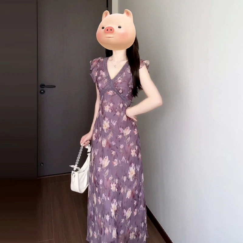 紫色碎花V领小飞袖连衣裙子女夏季新款海边度假法式气质长裙3637