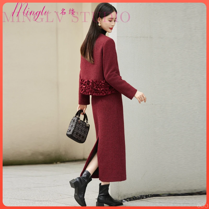 名媛小香风羽绒服外套半身裙两件套女冬2025新款高级感毛呢套装裙