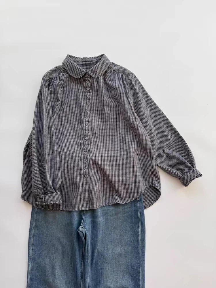 复古磨毛格子衬衫女 精致好看！百搭2024秋冬宽松英伦风格纹上衣