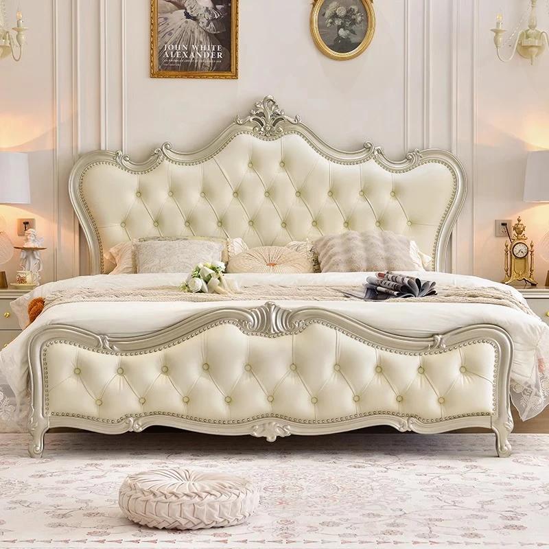 美式轻奢高颜值奶油风婚床主卧储物多功能实木床欧式雕花真皮床