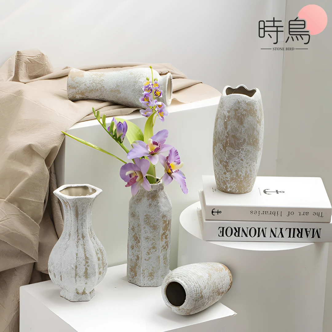 复古陶罐花瓶陶瓷摆件大口径花器素烧简约家居百合花水培腊梅花瓶