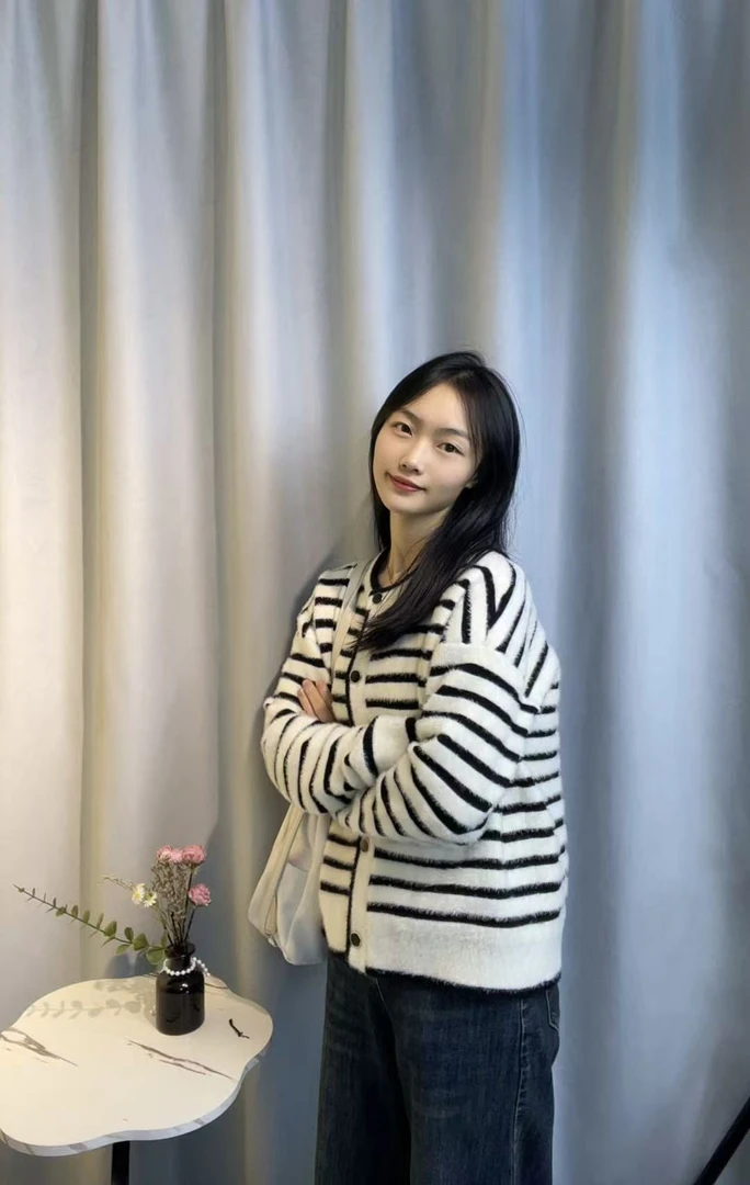 毛针织衫插肩袖厚款针织条纹长袖开衫连帽圆领短款