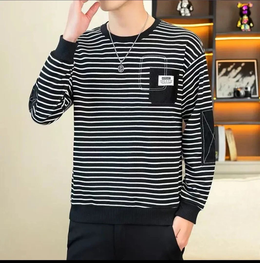 2025秋冬新款加绒保暖男士卫衣轻奢潮牌条纹休闲百搭圆领长袖打底