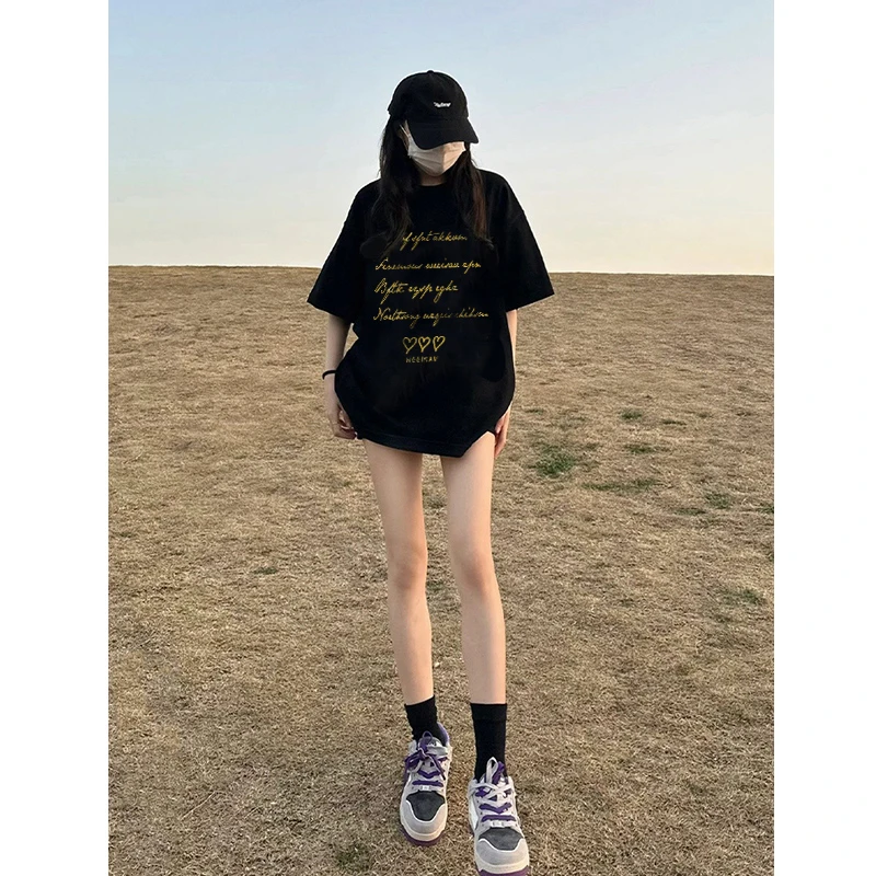 美式设计感小众字母印花短袖T恤女夏季新款宽松休闲黑色正肩上衣