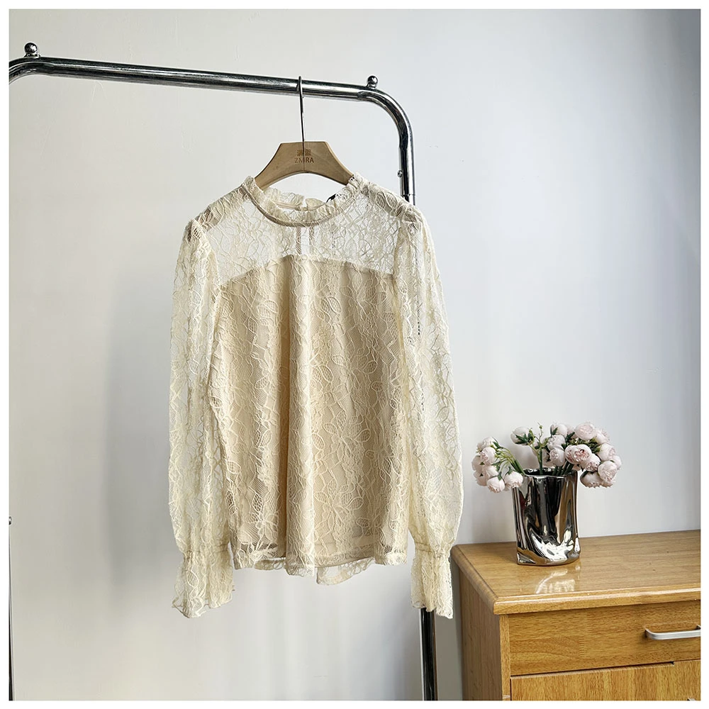 T342夏季新款女士拼接镂空长袖休闲T恤女