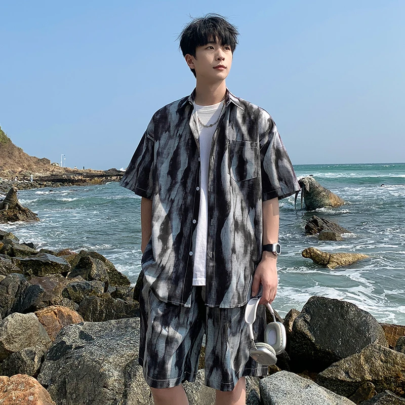 夏季冰丝薄款夏装高级扎染短袖衬衫套装短裤衬衣休闲两件套套装男