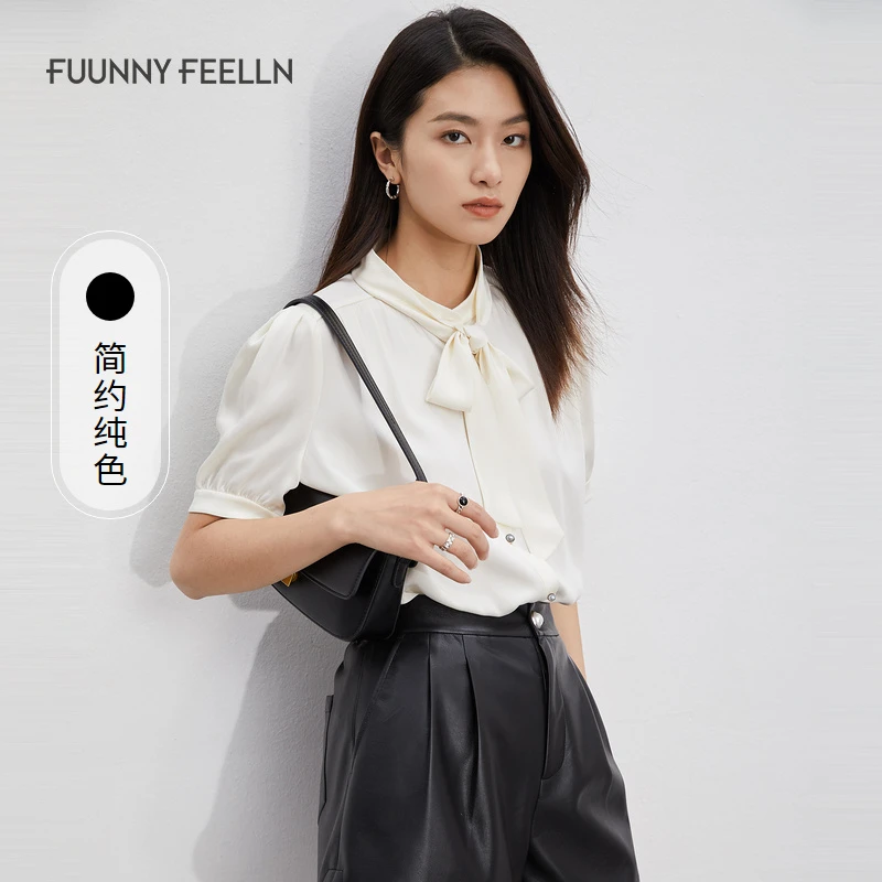商场同款FF||仿佛春季文艺衬衫女泡泡袖领口飘带醋酸料FE00437