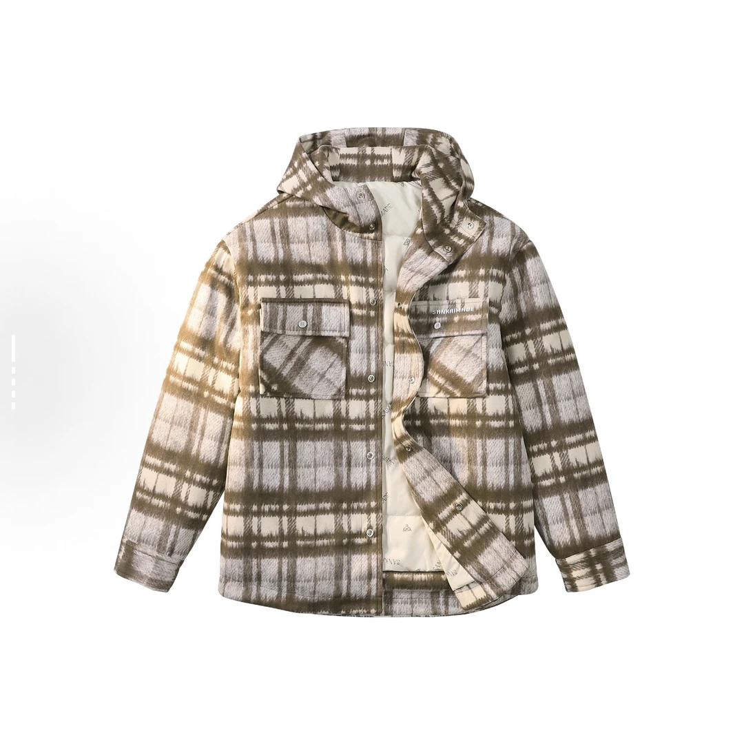 山海潮创 复古格纹夹棉仿毛呢材质夹克加厚保暖连帽棉服男女同款