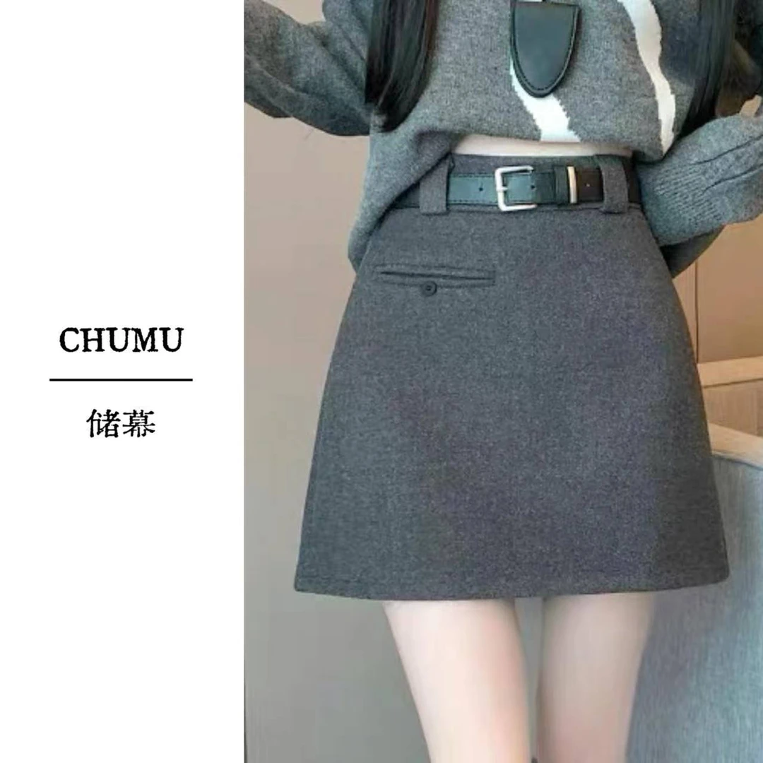 CHUMU/储慕毛呢半身裙秋冬小个子气质高腰显瘦防走光a字包臀短裙