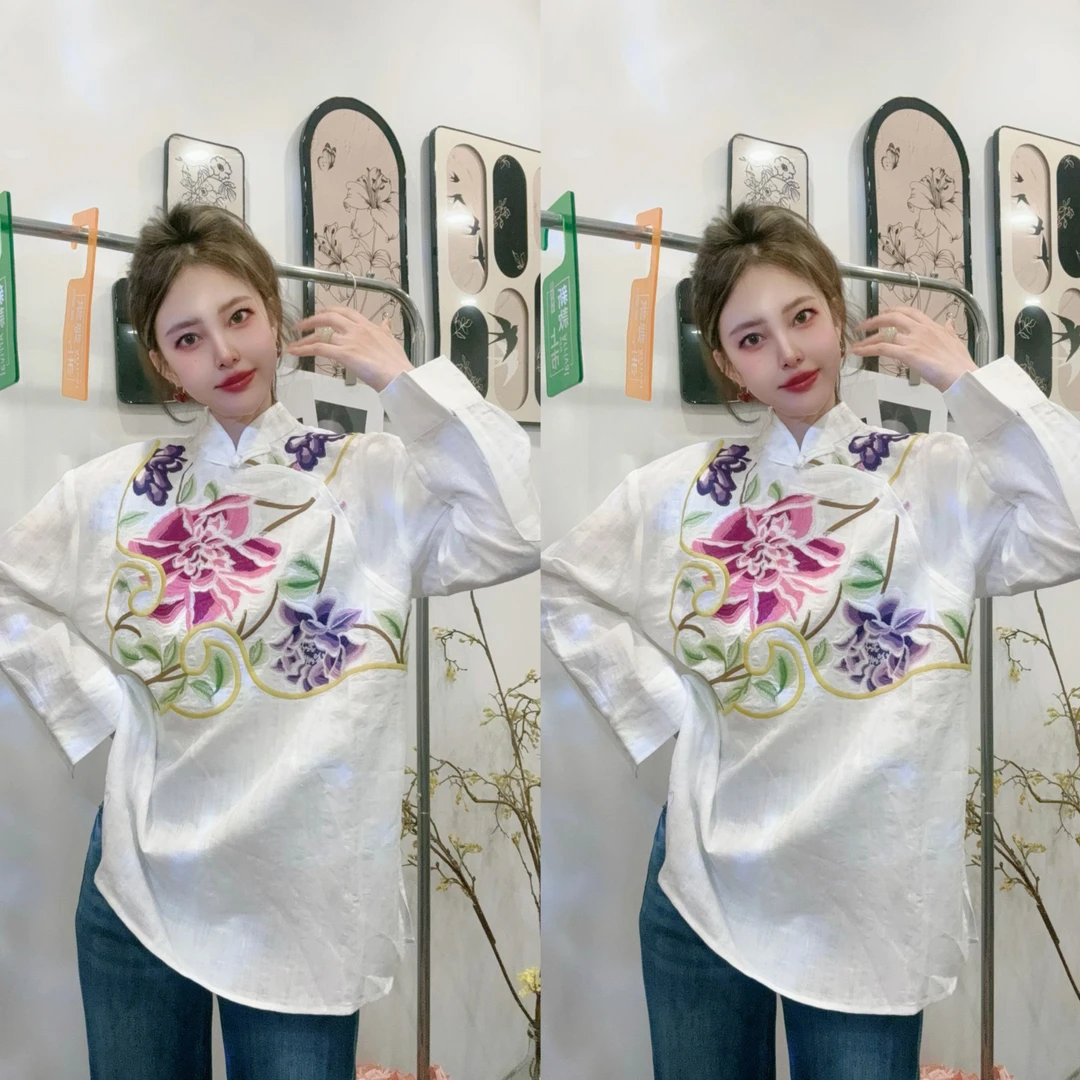 辰曦同款【花栖里】高定款新中式重工刺绣亚麻衬衫