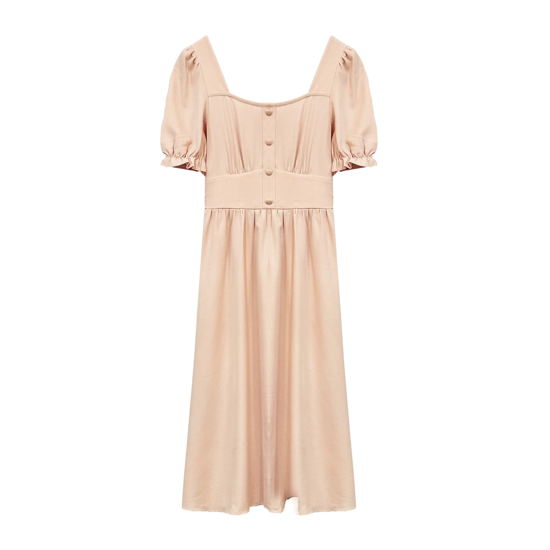 夏日风情！女士方领短袖纯色百搭减龄连衣裙F221