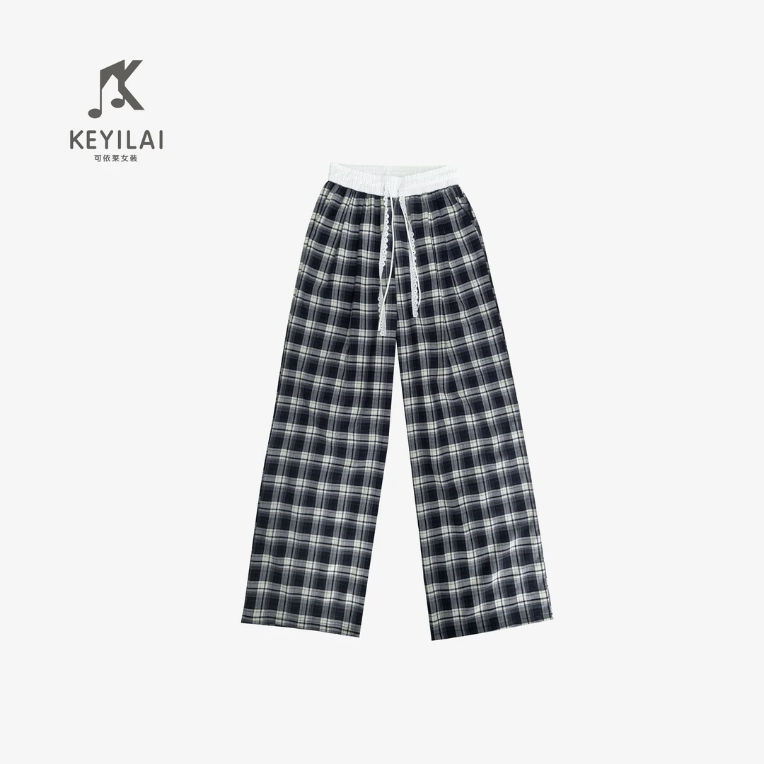 可依莱阔腿裤休闲裤藏青格子阔腿裤宽松长裤DY5X1V0594