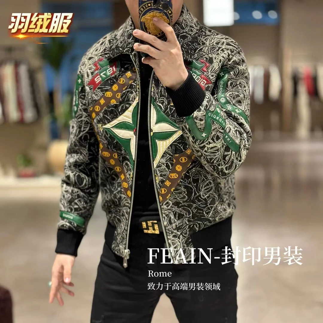 【乔治·雷迪尼】高端进口华纱飞织工艺立体真皮拼接夹克羽绒服7132