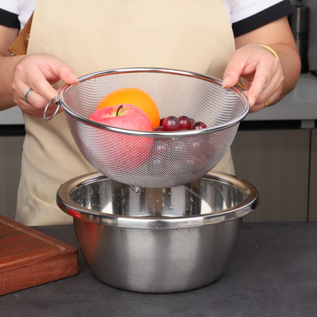 加厚304不锈钢漏篮配实盆洗菜沥水篮套装洗米网篮加密网过滤孔篮
