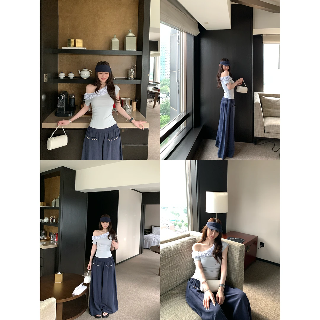 SKKStore 盛夏密语 复古重工多层立体花边斜肩T恤女夏上衣
