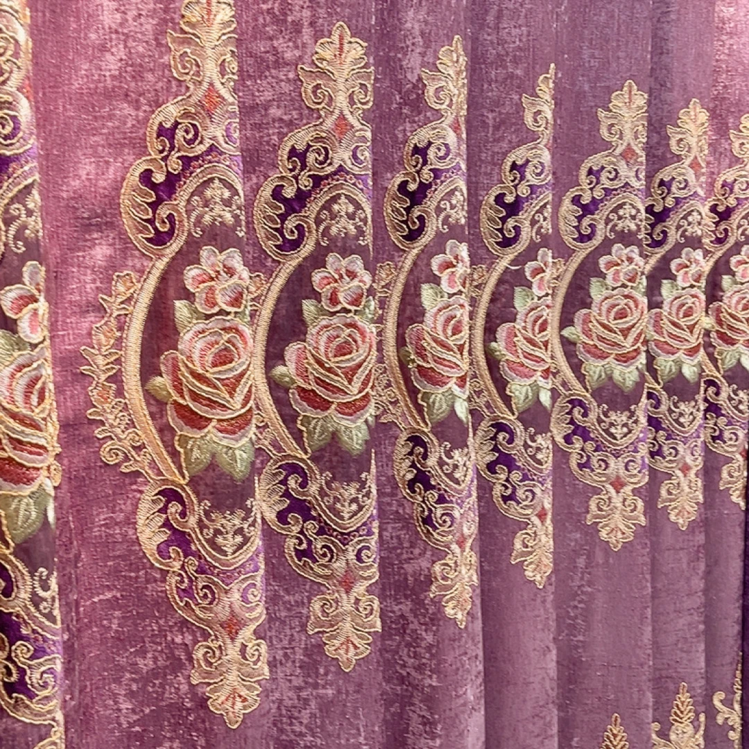 紫色雪尼尔小镂空绣花客厅装阳台卧房窗帘