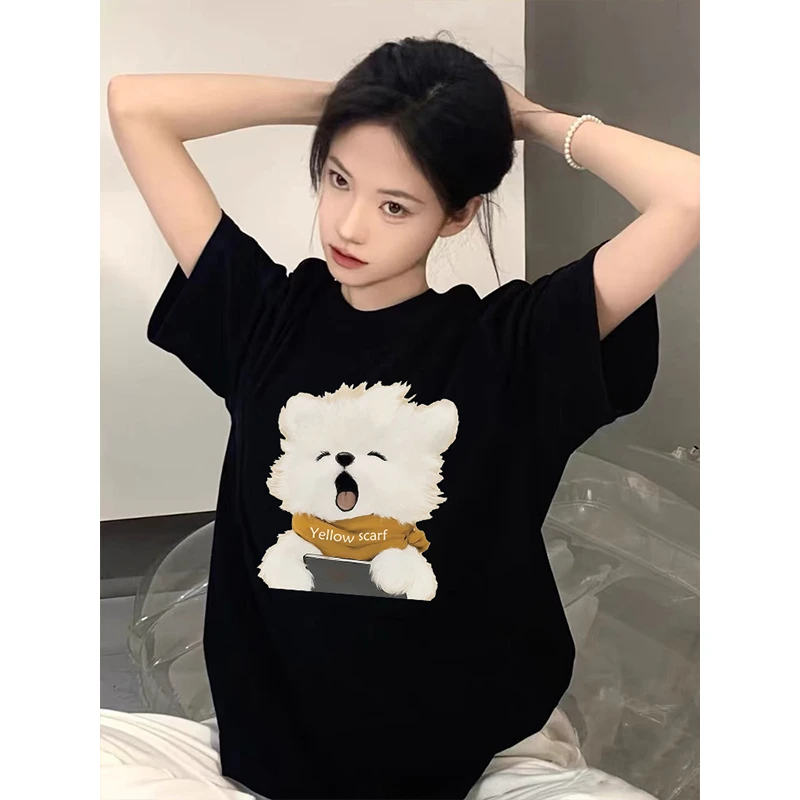 可爱狗狗纯棉黑色短袖t恤女2025新款爆款夏季宽松美式高街情侣T恤