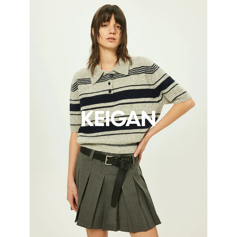 KEIGAN/开间时髦拼色条纹蓬松轻盈羊驼羊毛POLO翻领短袖针织衫