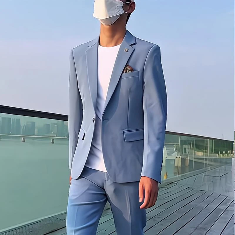 商务休闲牛仔蓝西服套装高级感男装平驳领新郎结婚礼服主持人西装