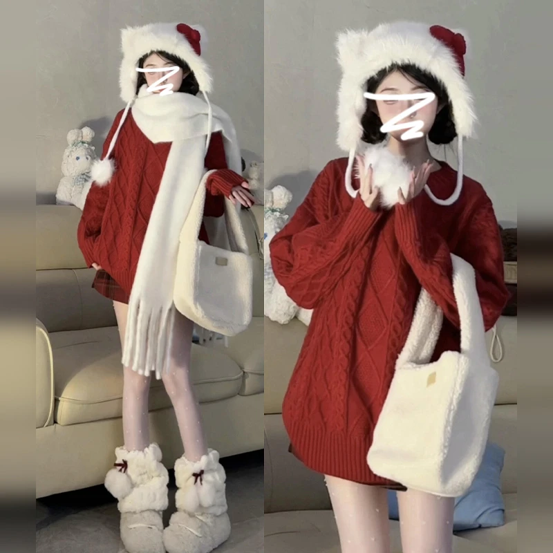 红色氛围感圣诞麻花毛衣女秋冬2024新款超好看慵懒风针织衫8049